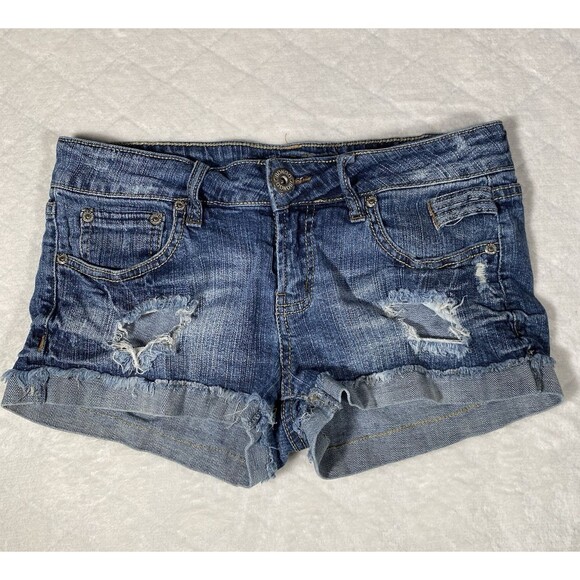 Vtg Y2K Bongo Micro Mini Denim Shorts Distressed Cuffed 2000s Grunge Junior Sz 7 - Picture 1 of 11